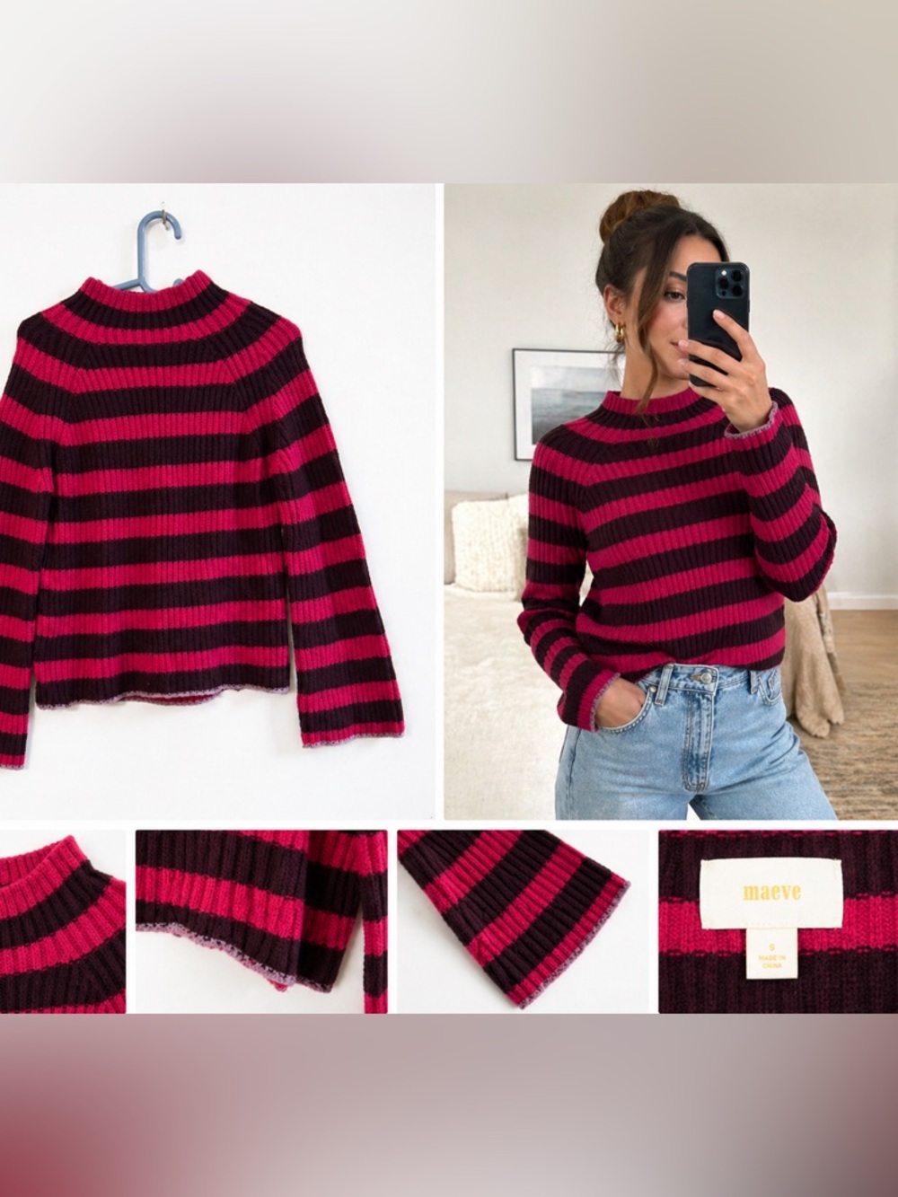 Maeve Anthropologie Striped Mock Neck Sweater Pink Black Cropped Ribbed Knit